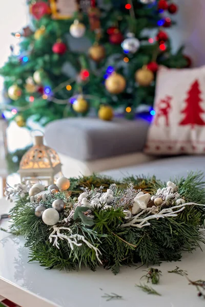 Beautifully Decorated Advent Wreath White Decoration Table Home — Stock Photo, Image