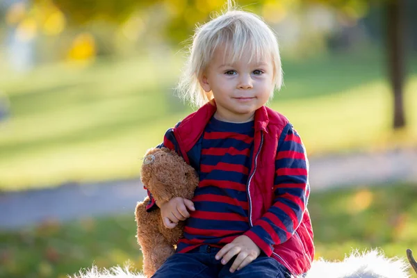 Carino Bambino Bambino Biondo Ragazzo Vestito Con Disinvoltura Giocando Con — Foto Stock