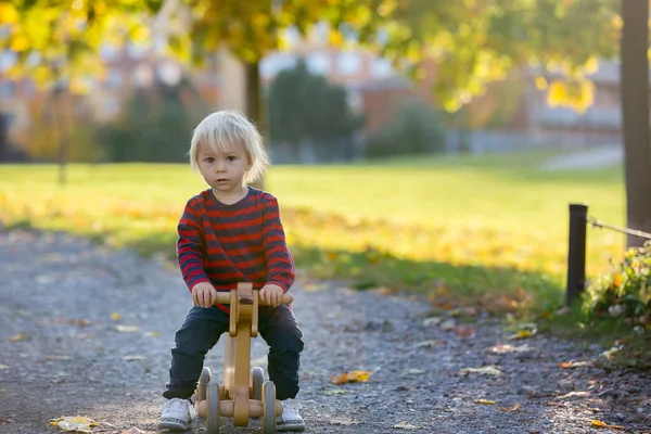 Hermoso Niño Rubio Dos Años Montado Triciclo Rojo Parque Atardecer — Foto de Stock