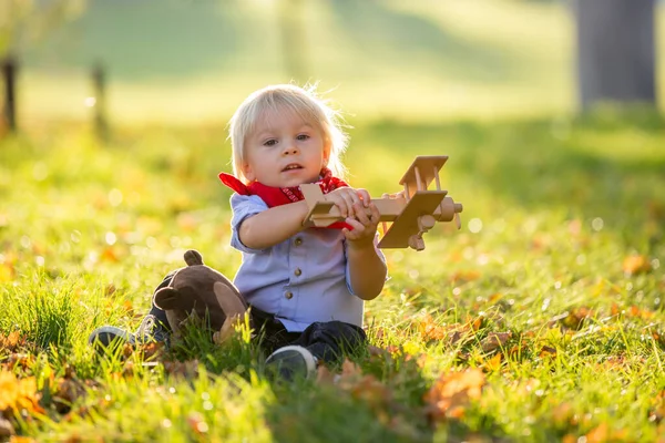 Schöne Blonde Zwei Jahre Alte Kleinkind Junge Spielen Mit Holzflugzeug — Stockfoto