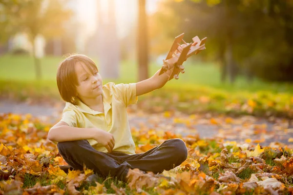 Красивый Дошкольник Играющий Деревянным Самолетом Парке Закате Солнечный Осенний День — стоковое фото