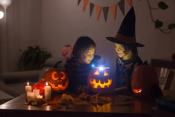 Children Boy Brothers Playing Carved Pumpkin Home Halloween Making Magic — Stock Photo, Image