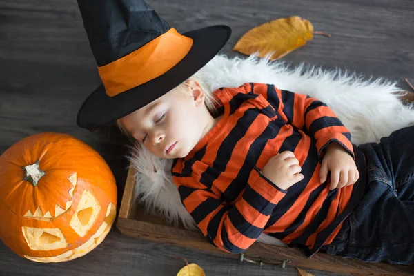 Niño Con Sombrero Halloween Durmiendo Una Cesta Decoración Halloween Alrededor — Foto de Stock