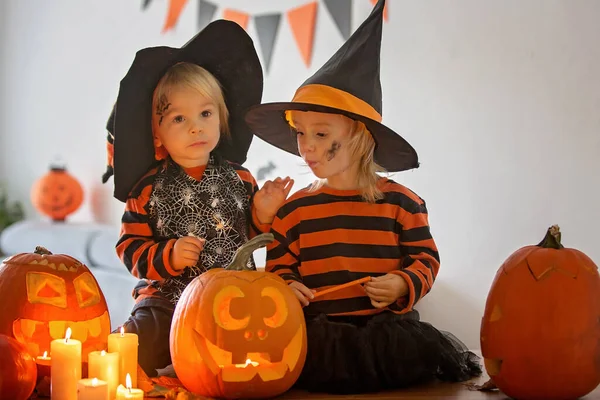 Children Toddler Boy Girl Playing Carved Pumpkin Home Halloween Making — Stock Photo, Image