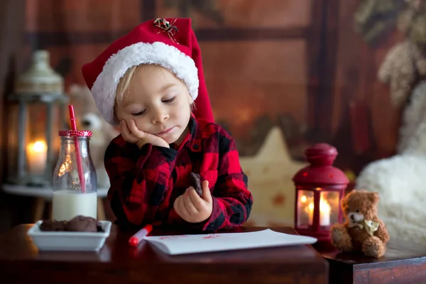 Sweet Blonde Toddler Boy Writing Letter Santa Wishing Presents Holidays — Stock Photo, Image