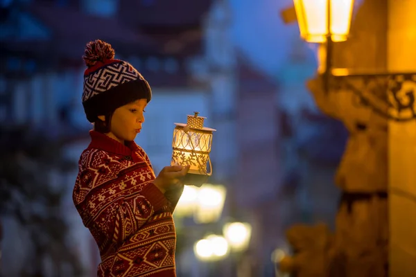 Beautiful Preschool Child Holding Lantern Casually Dressed Looking Night View — Stock Photo, Image