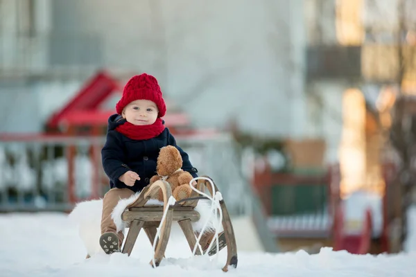 雪の中でテディと遊んで赤ちゃん 冬時間 青いコートの小さな幼児の少年は そりで滑り テディベアを持ち 冬の公園で屋外で遊んでいます 雪の公園で遊ぶ子供たち — ストック写真