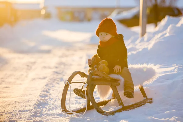 Bebé Jugando Con Peluche Nieve Invierno Niño Pequeño Abrigo Azul —  Fotos de Stock