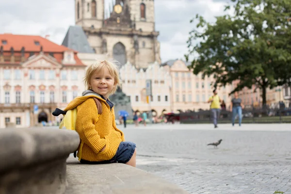 Cute Child Boy Visiting Prague Quarantine Covid Empty Streets — Stock Photo, Image