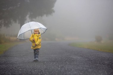 Şirin sarışın çocuk, evlat, kırsal bir yolda sisli bir sonbahar gününde yağmurda şemsiyeyle oynuyor.
