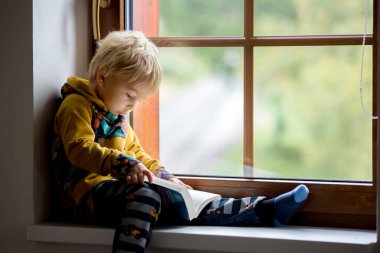 Sevimli çocuk, sarışın çocuk, evde oturmuş kitap okuyor.