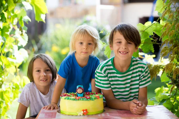 Niño Pequeño Celebrando Cumpleaños Con Hermanos Familiares Aire Libre Jardín —  Fotos de Stock