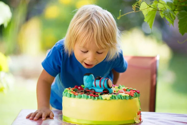 Toddler Fiú Ünnepli Születésnapját Színes Tortával Szabadban — Stock Fotó