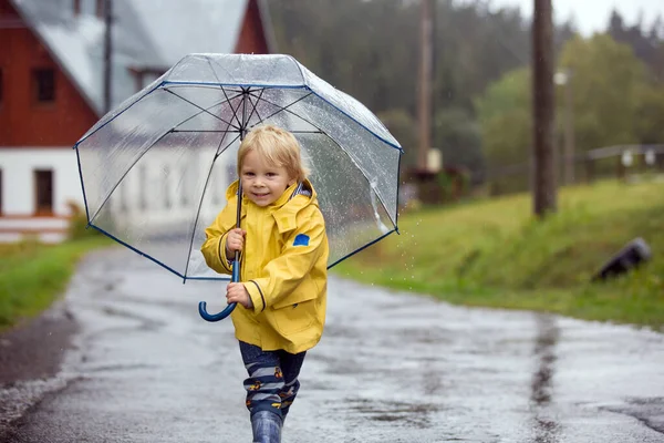 かわいい金髪の幼児の子供 男の子 田舎道の霧の秋の日に傘で雨の中で遊ぶ — ストック写真