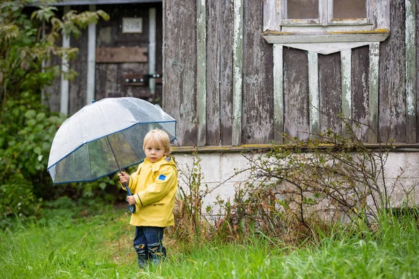 Niedliches Blondes Kleinkind Junge Spielt Regen Mit Regenschirm Einem Nebligen — Stockfoto