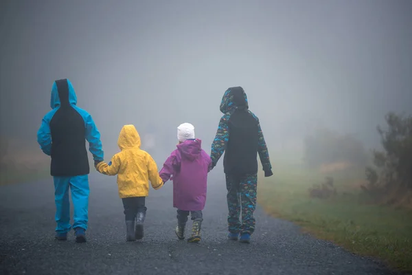 Czworo Dzieci Rodzeństwo Chłopcy Dziewczęta Spacerujący Wiejską Ścieżką Mglisty Jesienny — Zdjęcie stockowe