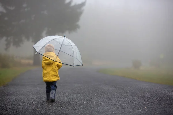 Bonito Criança Loira Menino Brincando Chuva Com Guarda Chuva Dia — Fotografia de Stock