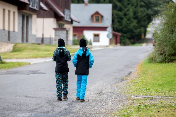 Çocuk Kardeşler Parkta Bir Yolda Yürüyorlar Bulutlu Bir Sonbahar Günü — Stok fotoğraf
