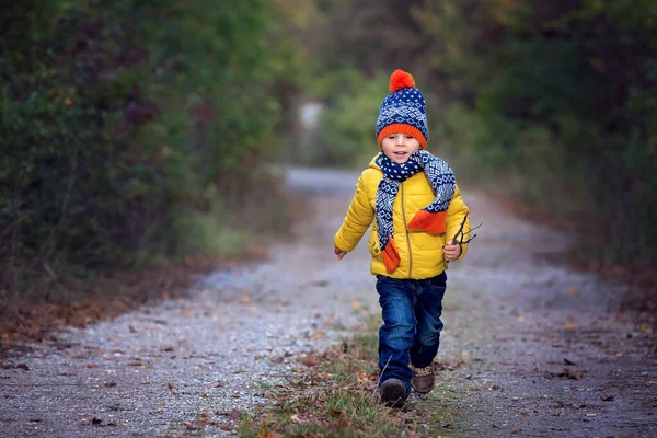 Criança Bonito Com Casaco Amarelo Correndo Parque Outono Brincando Pulando — Fotografia de Stock