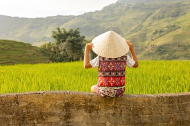 Çocuklu aile, tatlı sarışın çocuk, güneşli bir günde Sapa pirinç tarlalarını ziyaret eden.