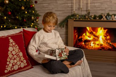 Sevimli anaokulu çocuğu, şöminenin önünde oturuyor, Noel hediyesini tutuyor ve evde kitap, eğlence ve mutluluk okuyor.