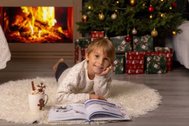 Sevimli anaokulu çocuğu, şöminenin önünde oturuyor, Noel hediyesini tutuyor ve evde kitap, eğlence ve mutluluk okuyor.