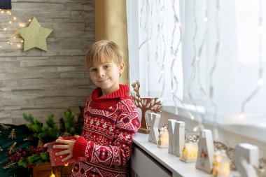 Sevimli anaokulu çocuğu, şöminenin önünde oturuyor, Noel hediyesini tutuyor ve evde kitap, eğlence ve mutluluk okuyor.