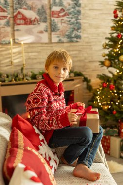 Sevimli anaokulu çocuğu, şöminenin önünde oturuyor, Noel hediyesini tutuyor ve evde kitap, eğlence ve mutluluk okuyor.