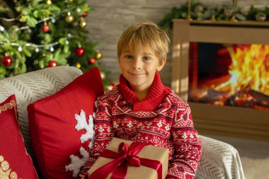 Sevimli anaokulu çocuğu, şöminenin önünde oturuyor, Noel hediyesini tutuyor ve evde kitap, eğlence ve mutluluk okuyor.