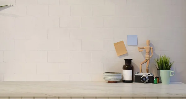 Minimal stylish workplace with white brick wall background — Stock Photo, Image