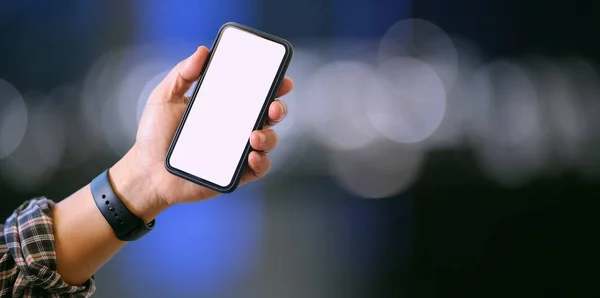 Close-up view of man\'s left hand holding blank screen smartphone