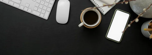 Top View Black White Workspace Mock Smartphone Computer Device Coffee — Stock Photo, Image