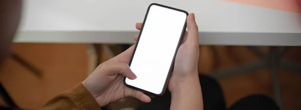 Close View Female Freelancer Touching Blank Screen Smartphone While Sitting — Stock Photo, Image