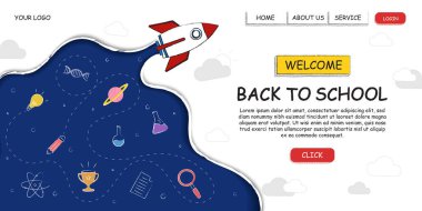 Okul şablonuna, vektör illüstrasyonuna, roketli web pankart tasarımına ve uzay arkaplanındaki elementlere geri dön
