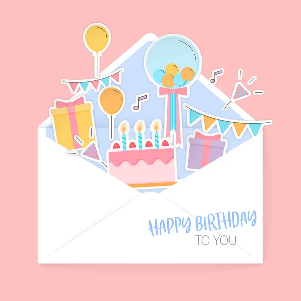 Illustration Vectorielle Joyeux Anniversaire Lettre Vœux Avec Gâteau Coloré Boîtes — Image vectorielle