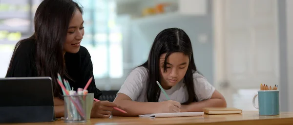 Close Zicht Prive Leraar Student Thuis Onderwijs Houten Tafel Met — Stockfoto