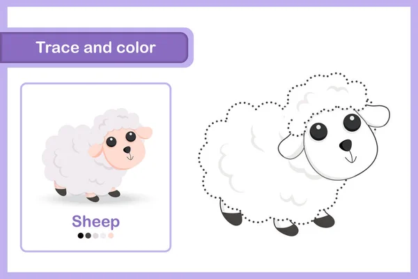 Drawing Vocabulary Worksheet Preschool Kids Trace Colour Sheep — Stock Vector