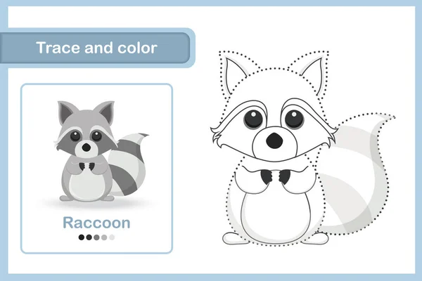 Scheda Disegno Vocabolario Bambini Età Prescolare Traccia Colore Raccoon — Vettoriale Stock