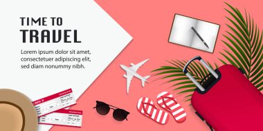 Seyahat bilgileri, seyahat vektör resimlemesi için pembe arkaplan ve metin için yer ve seyahat ögeleri ile zaman 
