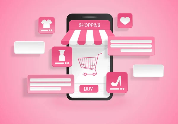 Online Shopping Smartphone Ansökan Vektor Illustration Rosa Bakgrund — Stock vektor