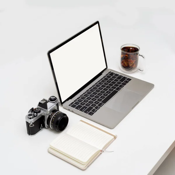 Cropped Shot Blank Screen Laptop White Table Opened Notebook Camera — Stock Photo, Image