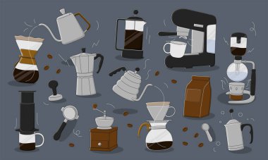 Kahve makinesi Vector illüstrasyonu. Gri arkaplanda düz dizayn kahve makinesi seti