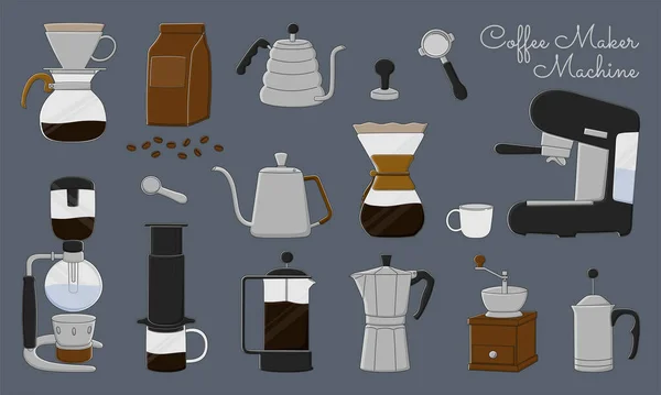 Kaffemaskin Vektor Illustration Platt Design Uppsättning Kaffebryggare Grå Bakgrund — Stock vektor