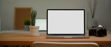 Çalışma odasındaki ahşap masada dizüstü bilgisayar, kamera ve kaktüs tenceresi ile çalışabilir görüntüyü kapat.. 