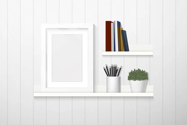 Home Design Interiores Ilustração Vetorial Moldura Livros Decorações Prateleira Parede — Vetor de Stock