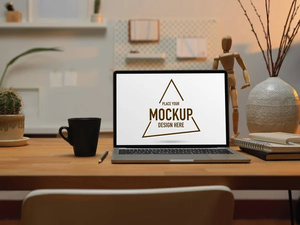 Close View Worktable Mock Laptop Coffee Mug Stationery Decorations Home — Stock Photo, Image