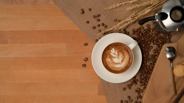 Vue Dessus Table Petit Déjeuner Avec Tasse Café Latte Cafetière — Photo