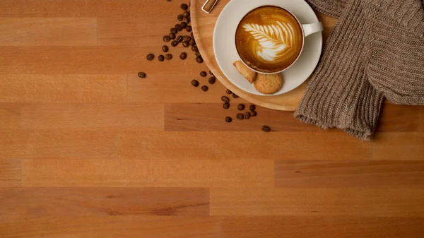 Vue Dessus Une Tasse Café Biscuits Sur Une Table Bois — Photo