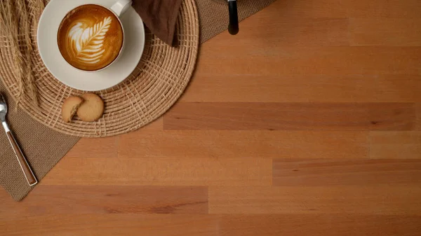 Vue Dessus Table Petit Déjeuner Avec Café Biscuits Sur Napperon — Photo