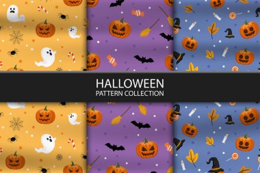 3 farklı cadılar bayramı vektör deseni koleksiyonu. Bu desenler duvar kağıdı, ambalaj ve tekstil için kullanılabilir..